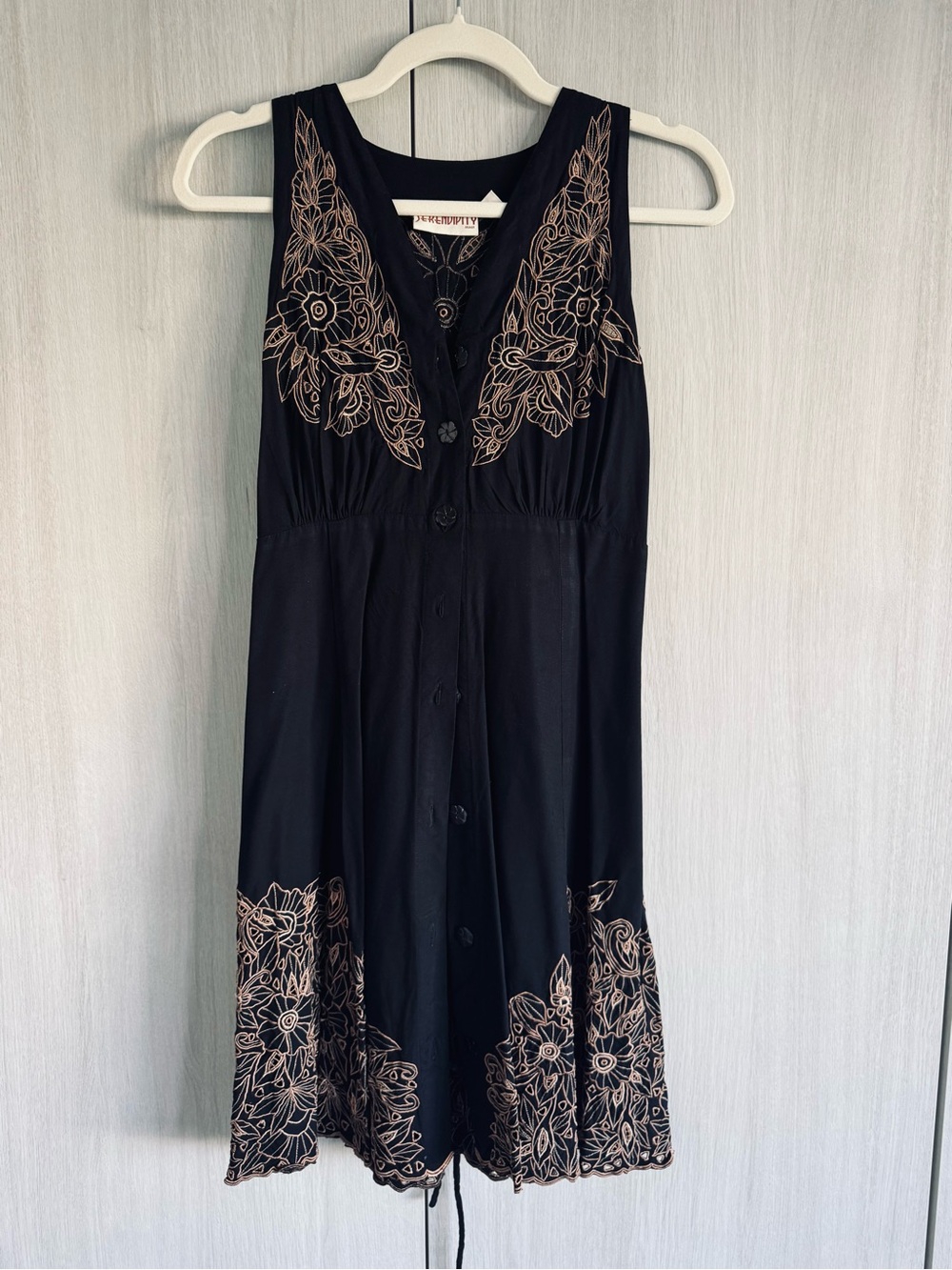 Sleeveless Black Mini Dress with Beige Floral Embroidery  and button down
